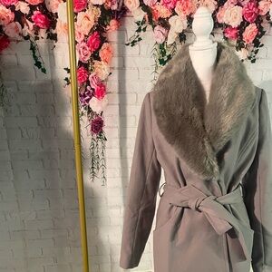 ASOS Gray Trench Coat with Faux Fur Collar